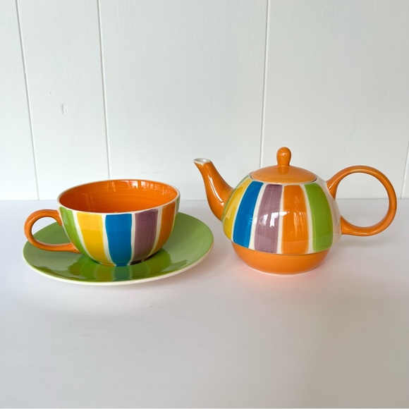 Vintage Hand Painted Cabana Stripes Tea For One Set Canhome Thailand - Picture 11 of 15